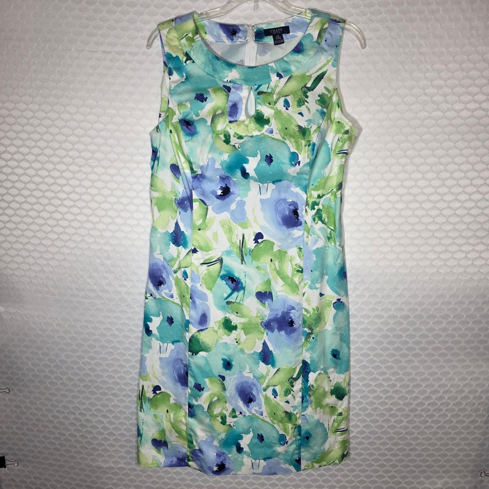 Chaps Womens Floral Watercolor Sheath Dress Blue Green Sleeveless Pockets 14